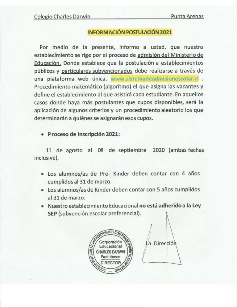 INFORMACIÓN SISTEMA DE ADMISIÓN ESCOLAR 2021 - COLEGIO ...